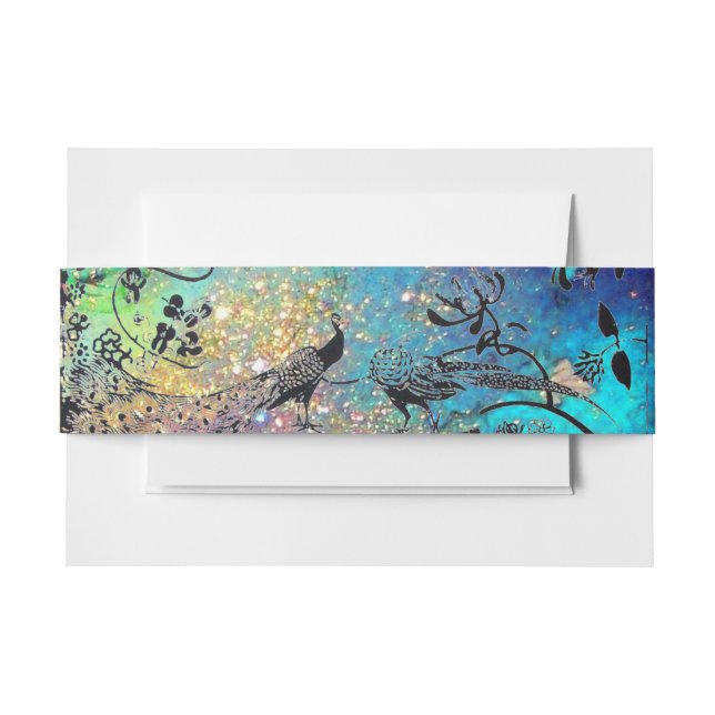 WEDDING LOVE BIRDS, Blue Green Gold Sparkles Invitation Belly Band (Front Example)