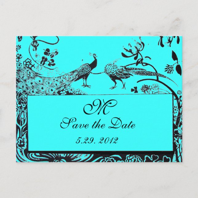 WEDDING LOVE BIRDS MONOGRAM black and white blue Postcard (Front)