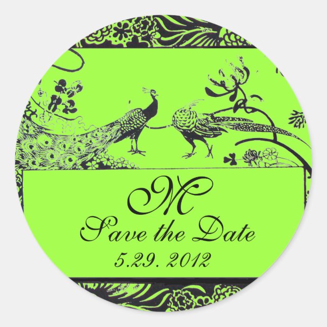 WEDDING LOVE BIRDS MONOGRAM black and white green Classic Round Sticker (Front)