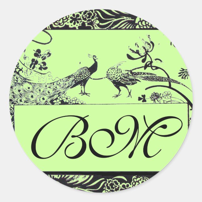 WEDDING LOVE BIRDS MONOGRAM ,black and white green Classic Round Sticker (Front)
