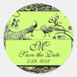 WEDDING LOVE BIRDS MONOGRAM black and white green Classic Round Sticker