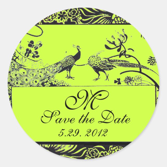 WEDDING LOVE BIRDS MONOGRAM black and white green Classic Round Sticker (Front)