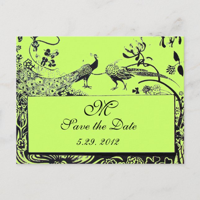 WEDDING LOVE BIRDS MONOGRAM black and white green Postcard (Front)