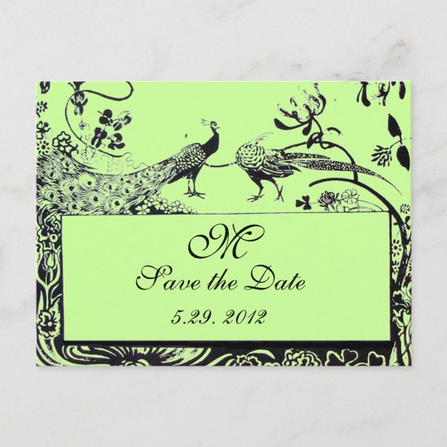 WEDDING LOVE BIRDS MONOGRAM black and white green Postcard (Front)