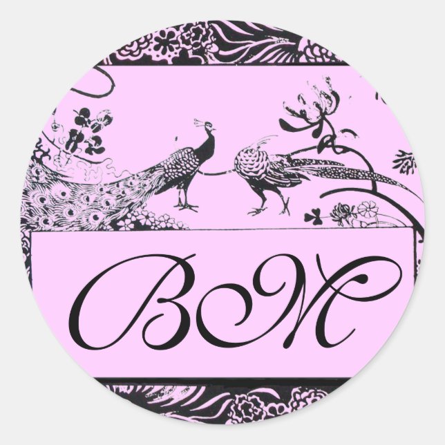 WEDDING LOVE BIRDS MONOGRAM ,black and white pink Classic Round Sticker (Front)