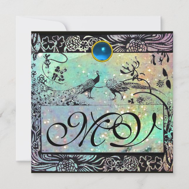 WEDDING LOVE BIRDS MONOGRAM black green blue gold Announcement (Front)
