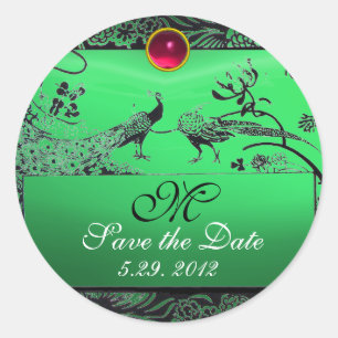 WEDDING LOVE BIRDS MONOGRAM black white emerald Classic Round Sticker