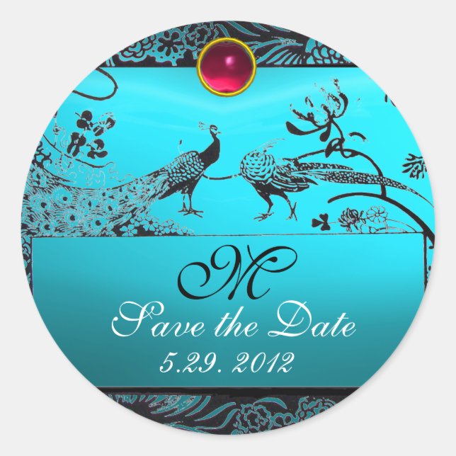 WEDDING LOVE BIRDS MONOGRAM black white red blue Classic Round Sticker (Front)