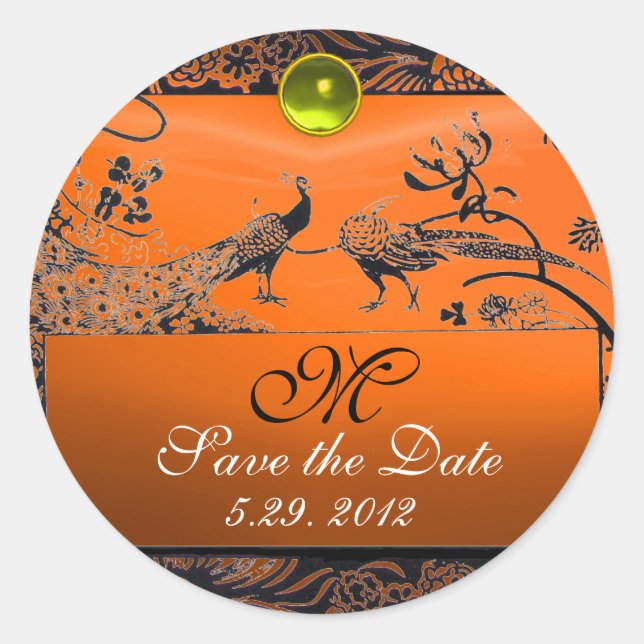 WEDDING LOVE BIRDS MONOGRAM black white red orange Classic Round Sticker (Front)