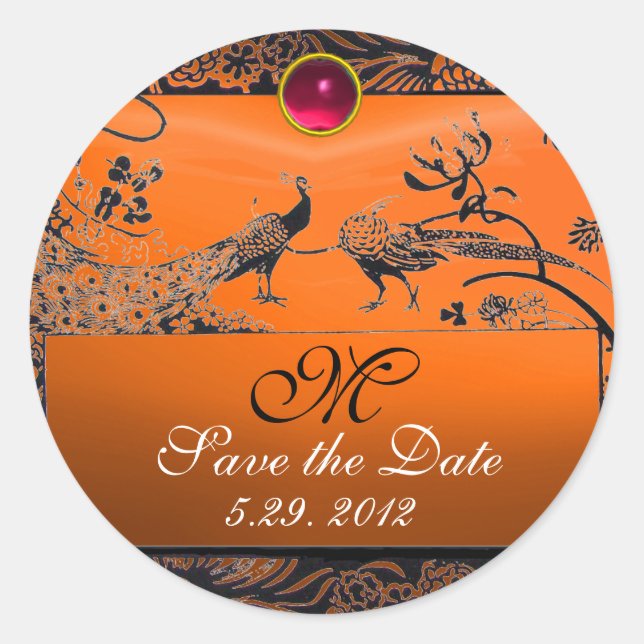 WEDDING LOVE BIRDS MONOGRAM black white red orange Classic Round Sticker (Front)