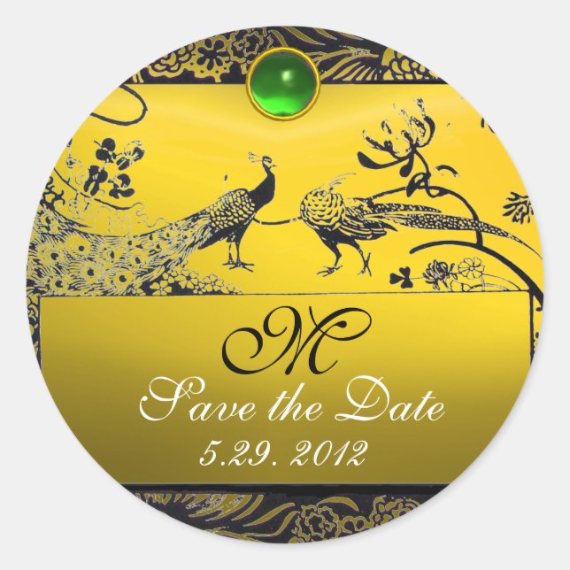 WEDDING LOVE BIRDS MONOGRAM black white yellow Classic Round Sticker (Front)