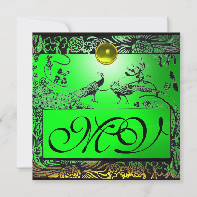 WEDDING LOVE BIRDS MONOGRAM black yellow emerald Announcement (Front)