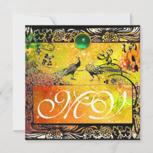 WEDDING LOVE BIRDS MONOGRAM black yellow emerald Announcement