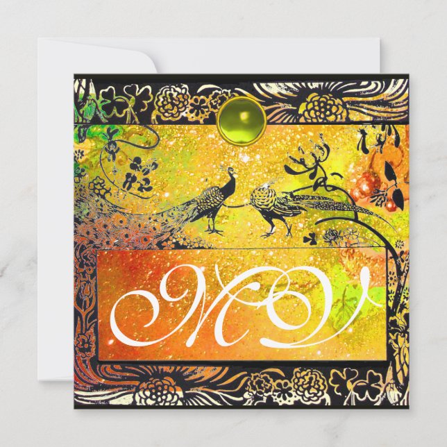 WEDDING LOVE BIRDS MONOGRAM black yellow green Announcement (Front)