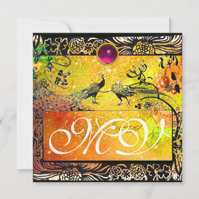 WEDDING LOVE BIRDS MONOGRAM black yellow pink ruby Announcement (Front)
