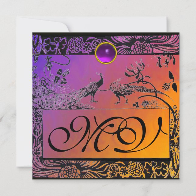 WEDDING LOVE BIRDS MONOGRAM black yellow purple Announcement (Front)