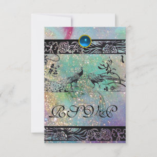 WEDDING LOVE BIRDS MONOGRAM RSVP black green Card