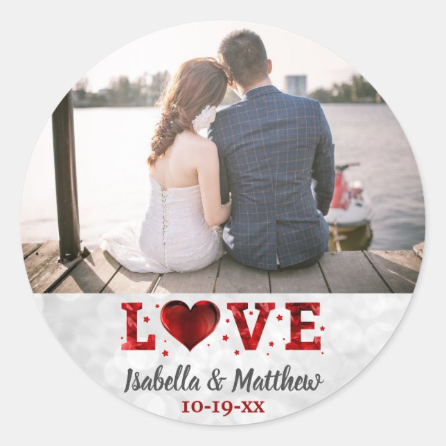 Wedding Love Forever Red Heart Custom Photo Classic Round Sticker (Front)