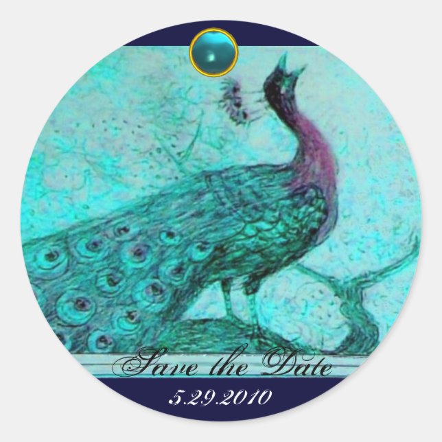 WEDDING LOVE PEACOCK blue aquamarine Classic Round Sticker (Front)