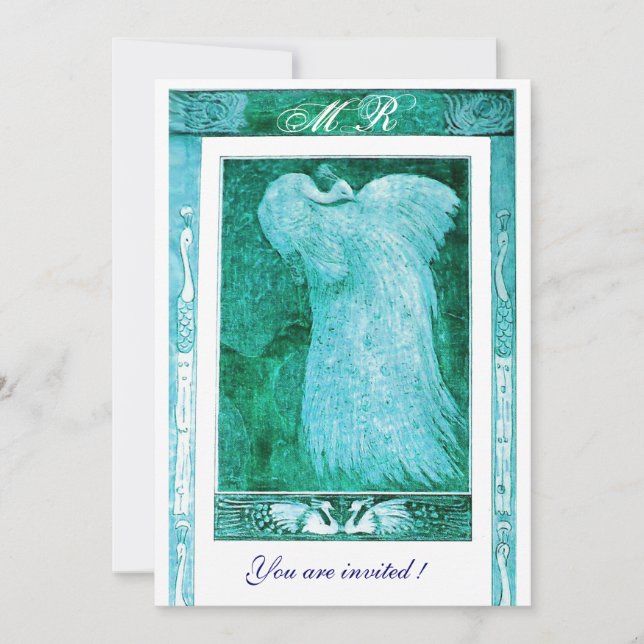 WEDDING LOVE PEACOCK MONOGRAM ,blue white Invitation (Front)