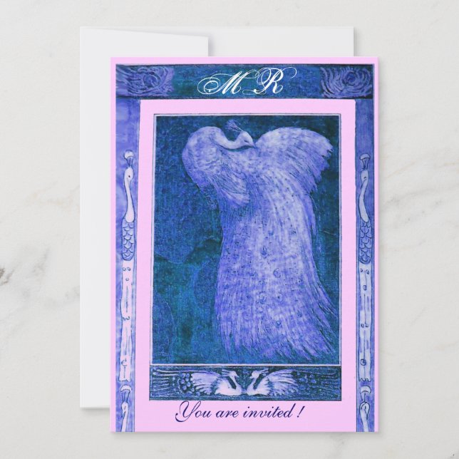 WEDDING LOVE PEACOCK MONOGRAM ,blue white pink Invitation (Front)