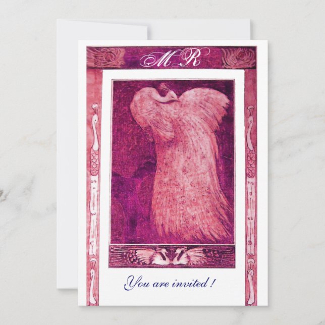 WEDDING LOVE PEACOCK MONOGRAM ,pink red white Invitation (Front)