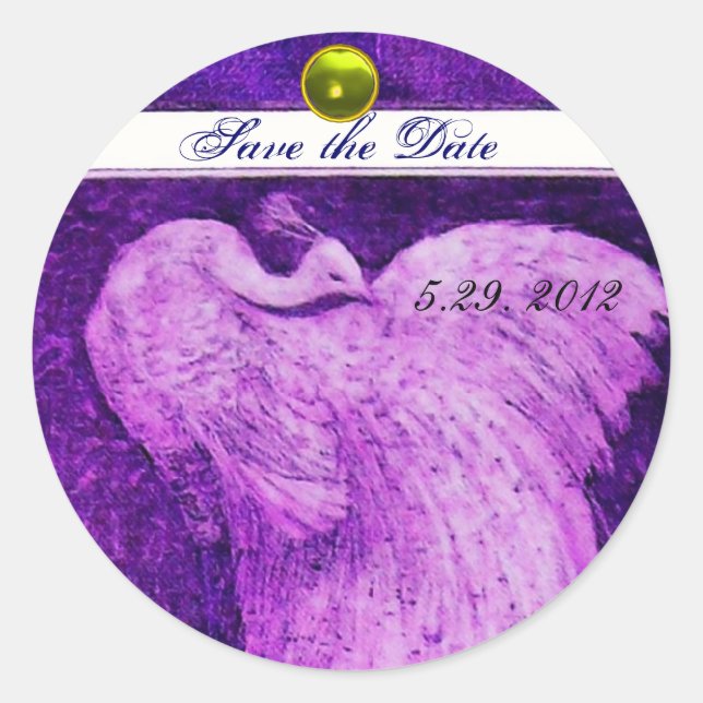 WEDDING LOVE PEACOCK white purple yellow topaz Classic Round Sticker (Front)