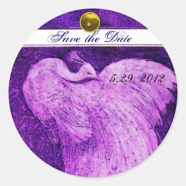 WEDDING LOVE PEACOCK white purple yellow topaz Classic Round Sticker (Front)