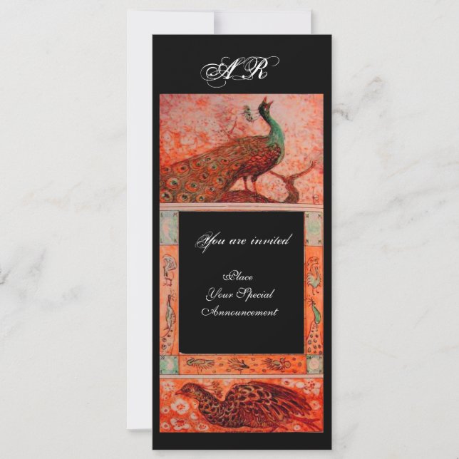 WEDDING LOVE PEACOCKS MONOGRAM red black orange Invitation (Front)