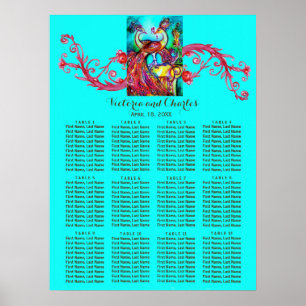 WEDDING LOVE PEACOCKS Red Swirl Blue Seating Chart