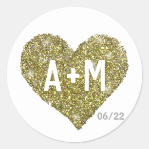 wedding LOVE round sticker with gold heart
