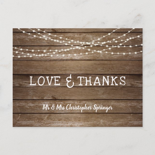 Wedding LOVE & THANKS Rustic Wood String Lights Postcard (Front)