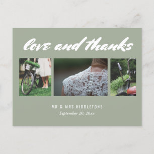 Wedding Love & Thanks Script Three Photos Grey Postcard