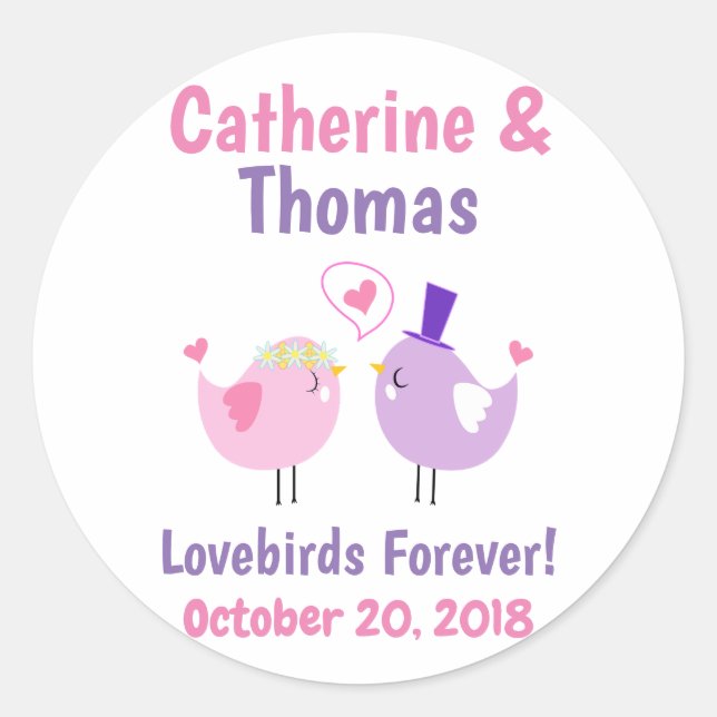 Wedding Lovebirds Cute Pink Purple Classic Round Sticker (Front)