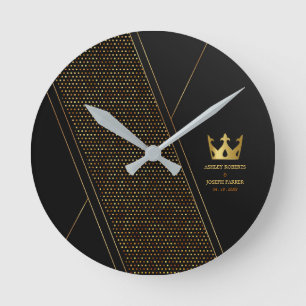 Wedding Luxury black golden geometric pattern Round Clock