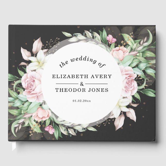 Wedding Luxury Black Pink Floral Guest Book (Front)