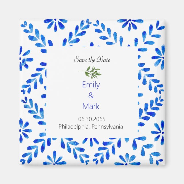 Wedding Magnet Mediterranean Blue Save the Date. (Front)