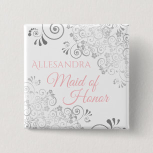 Wedding Maid of Honour Name Tag Pink & Grey 2 Inch Square Button