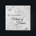 Wedding Maid of Honour Name Tag Silver Lacy Curls 2 Inch Square Button<br><div class="desc">Identify the key players at your bridal shower, wedding or rehearsal dinner with our elegant, Silver Faux Foil buttons. Designed to coordinate with our Silver Foil Elegant Wedding Suite, this button features a Silver faux foil flourish on a white background with black text reading Maid of Honour and a place...</div>