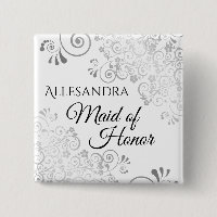 Wedding Maid of Honour Name Tag Silver Lacy Curls