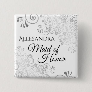 Wedding Maid of Honour Name Tag Silver Lacy Curls 2 Inch Square Button