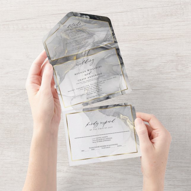 Wedding Marble Black Gold Alcohol Ink All In One I All In One Invitation (Tearaway)