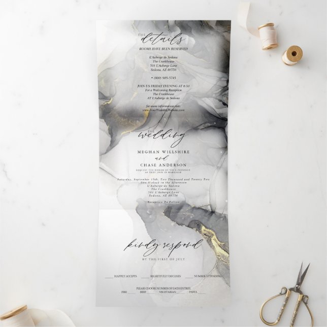 Wedding Marble Black Gold Alcohol Ink  Tri-Fold  Invitation (Inside)