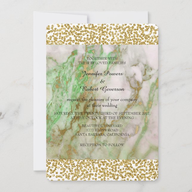 Wedding Marble Mint Green Golden Confetti Invitation (Front)