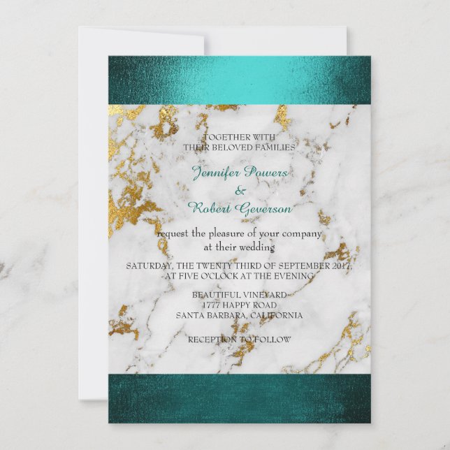 Wedding Marble White Grey Golden Teal Green Invitation (Front)