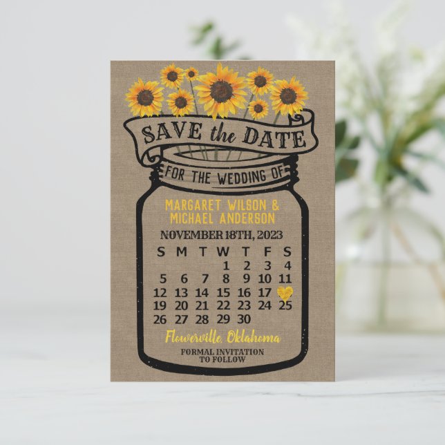 Wedding Mason Jar Sunflower November 2023 Calendar Save The Date (Standing Front)