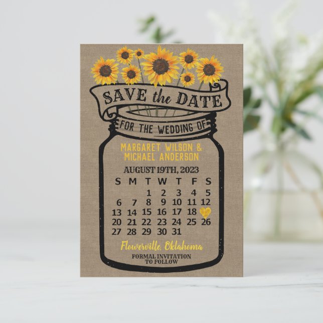 Wedding Mason Jar Sunflowers August 2023 Calendar Save The Date (Standing Front)