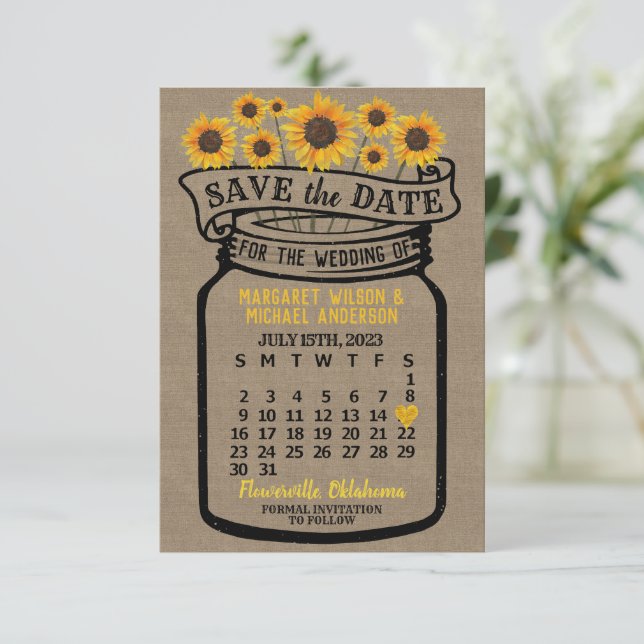 Wedding Mason Jar Sunflowers July 2023 Calendar Save The Date (Standing Front)