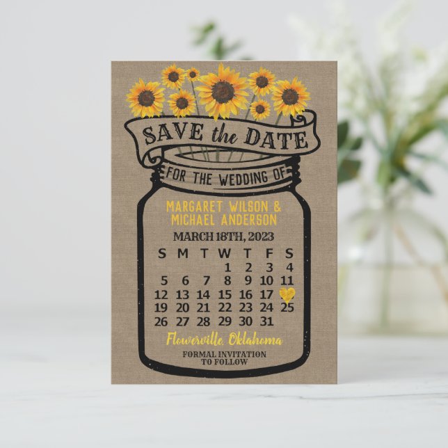 Wedding Mason Jar Sunflowers March 2023 Calendar Save The Date (Standing Front)