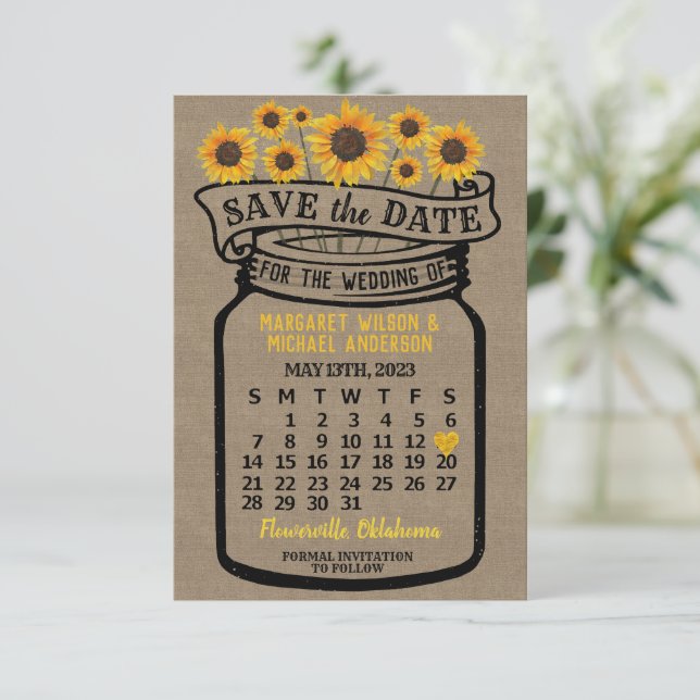 Wedding Mason Jar Sunflowers May 2023 Calendar Save The Date (Standing Front)